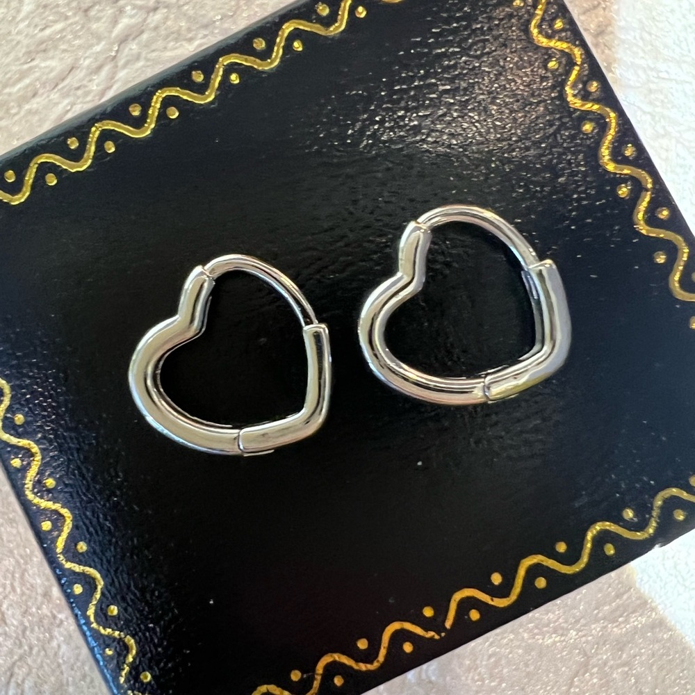 New! White Gold Heart Huggie Hoops. Small heart shaped hoop earrings gold plated
